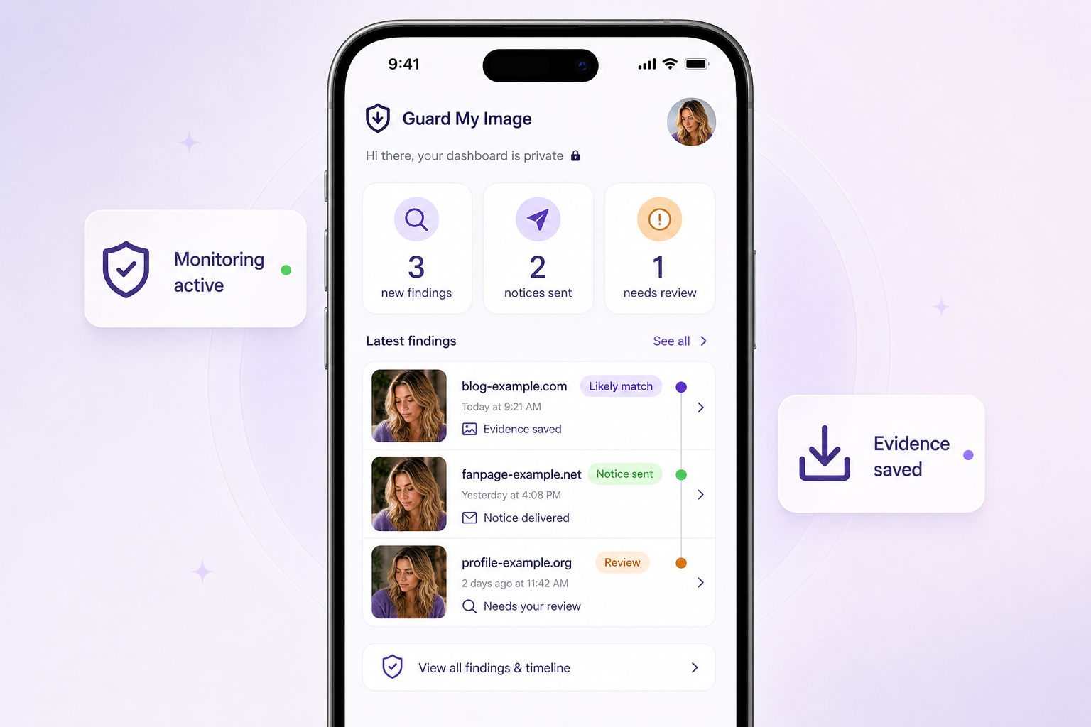 A private dashboard for findings, evidence, and next actions illustration